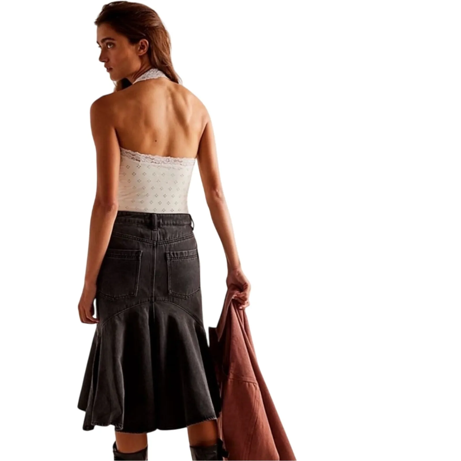 FREE PEOPLE x WE THE FREE Women’s Black Wash Fishtail Denim Skirt - Image 3