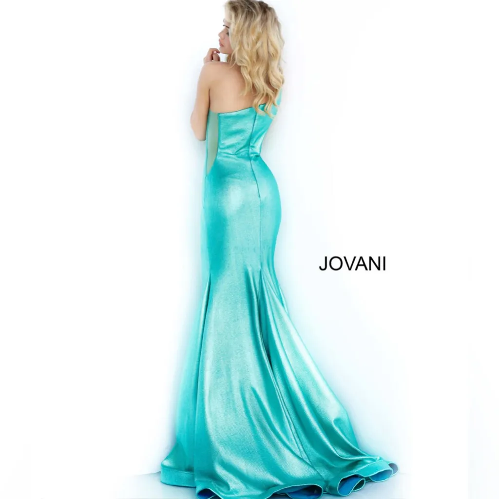 New! Jovani 02136 Metallic Fitted One Shoulder Prom Dress Aqua Green Sz‎ 00 $500 - Image 3