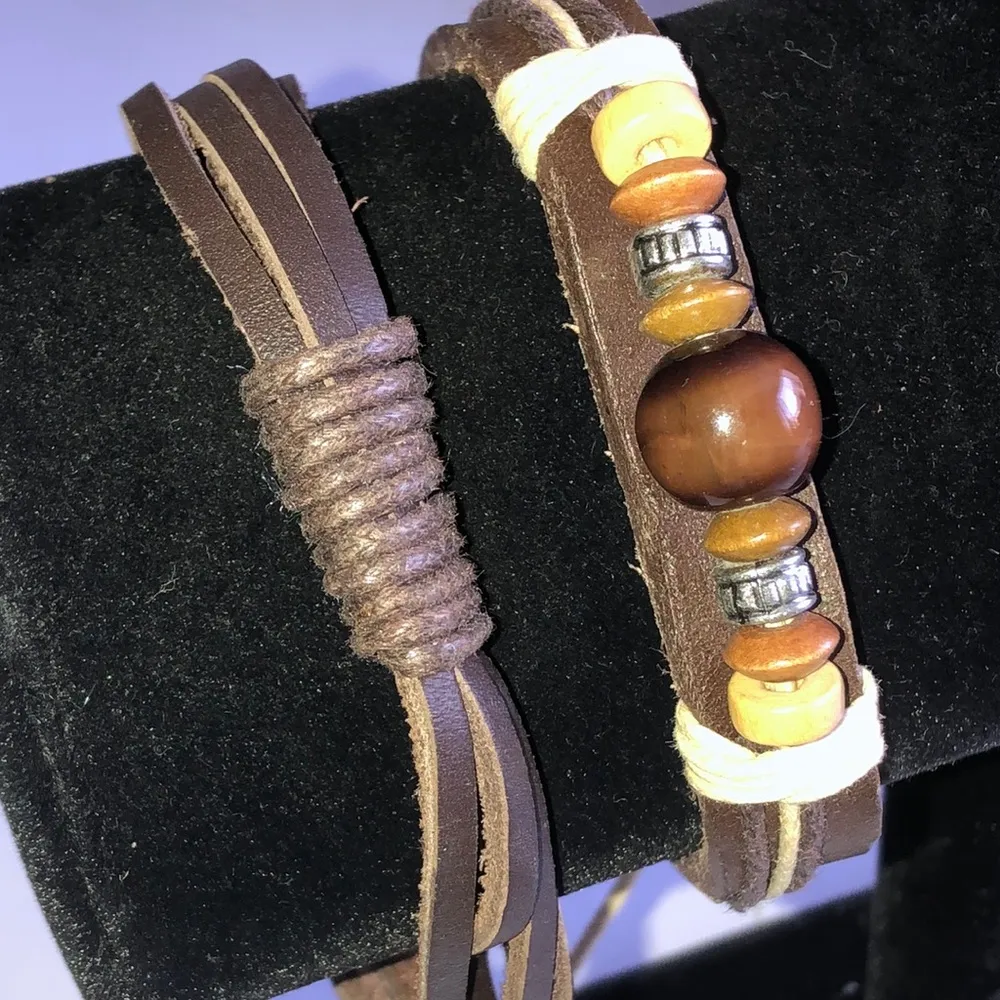 Brown Leather Boho Wooden Beaded Adjustable Bracelets - Image 2