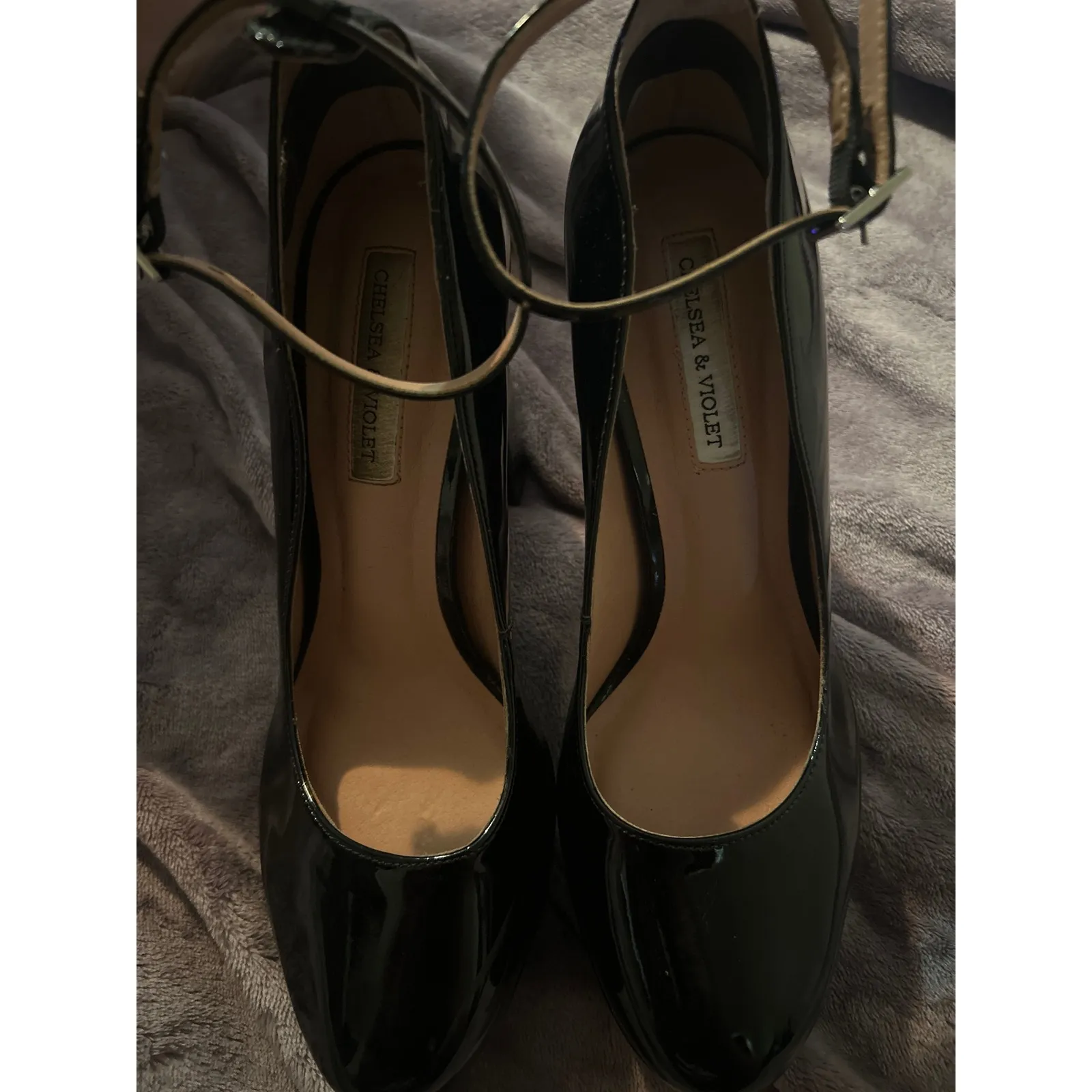 Chelsea‎ & Violet Black Patent Leather Platform Heels Ankle Strap Chunky Size 9 - Image 2