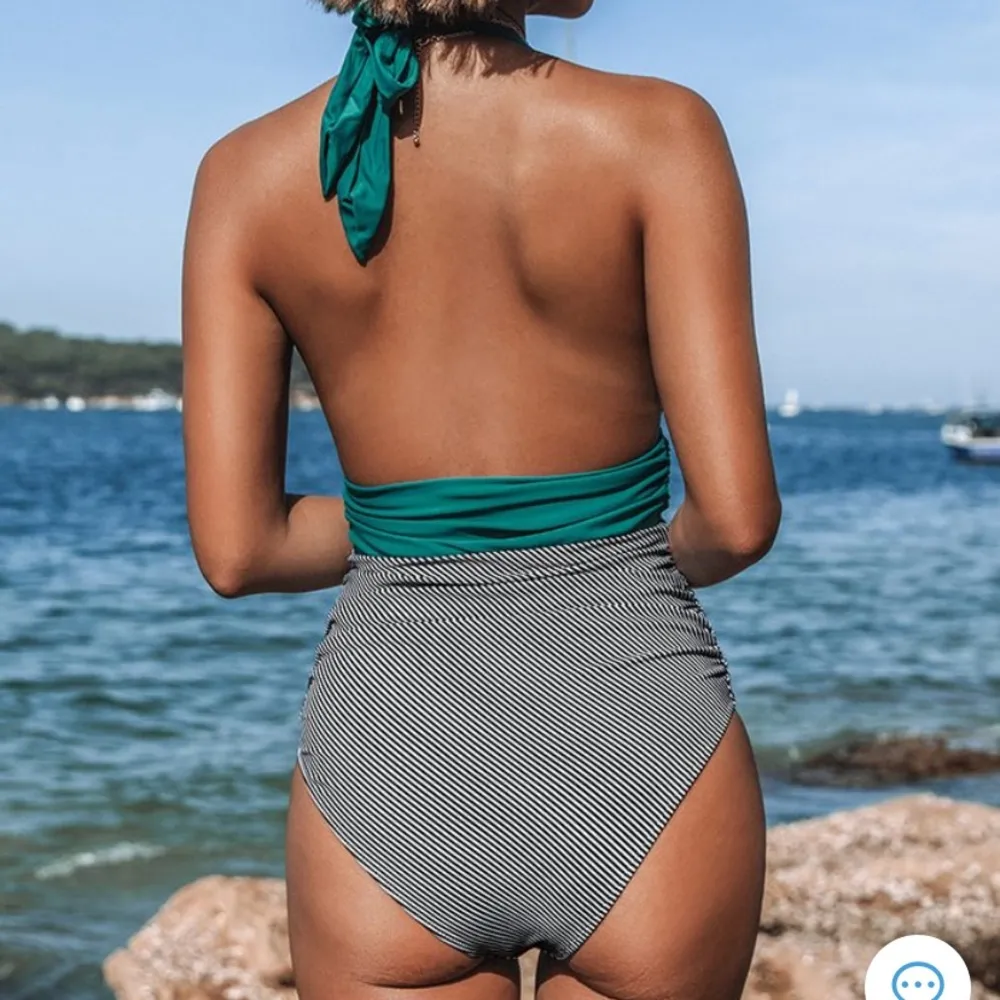 Cupshe Swimsuit Peach Striped Halter Plunge One Piece S Small - Image 6