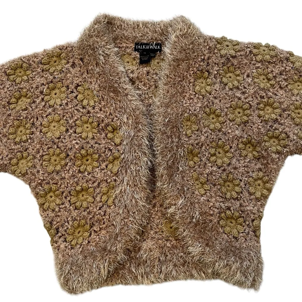 Talk Of The Walk Chunky Knit Crochet Inset Open Front Sweater Cardigan, Sz M Gold Size M - Image 9