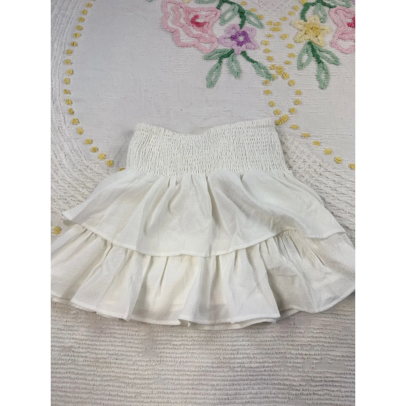 Shein White Ruffle Mini Skirt Smocked Waist Tie Bow Casual Party Cute s - Image 2