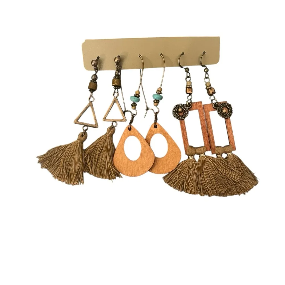NWOT Lot of 3 Bohemian Wood Metal Tassels Dangle Earrings Brown - Image 2