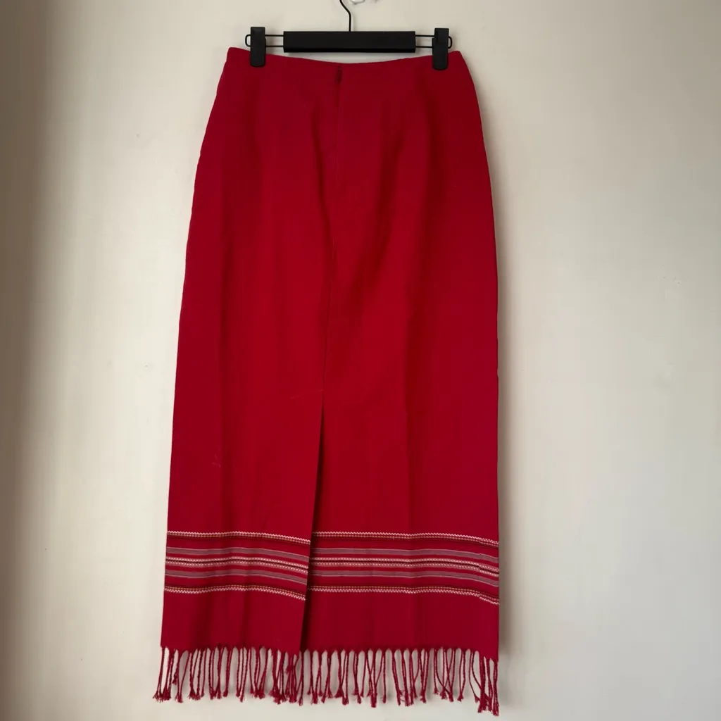 Vintage 90s Michele Red Fringe Trim Western Skirt 4 - Image 2