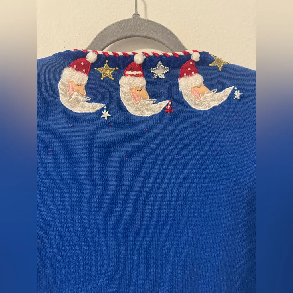 Jack B. Quick Christmas Sweater Cardigan Santa Moon Beading Red White Blue Med P Size undefined - Image 4