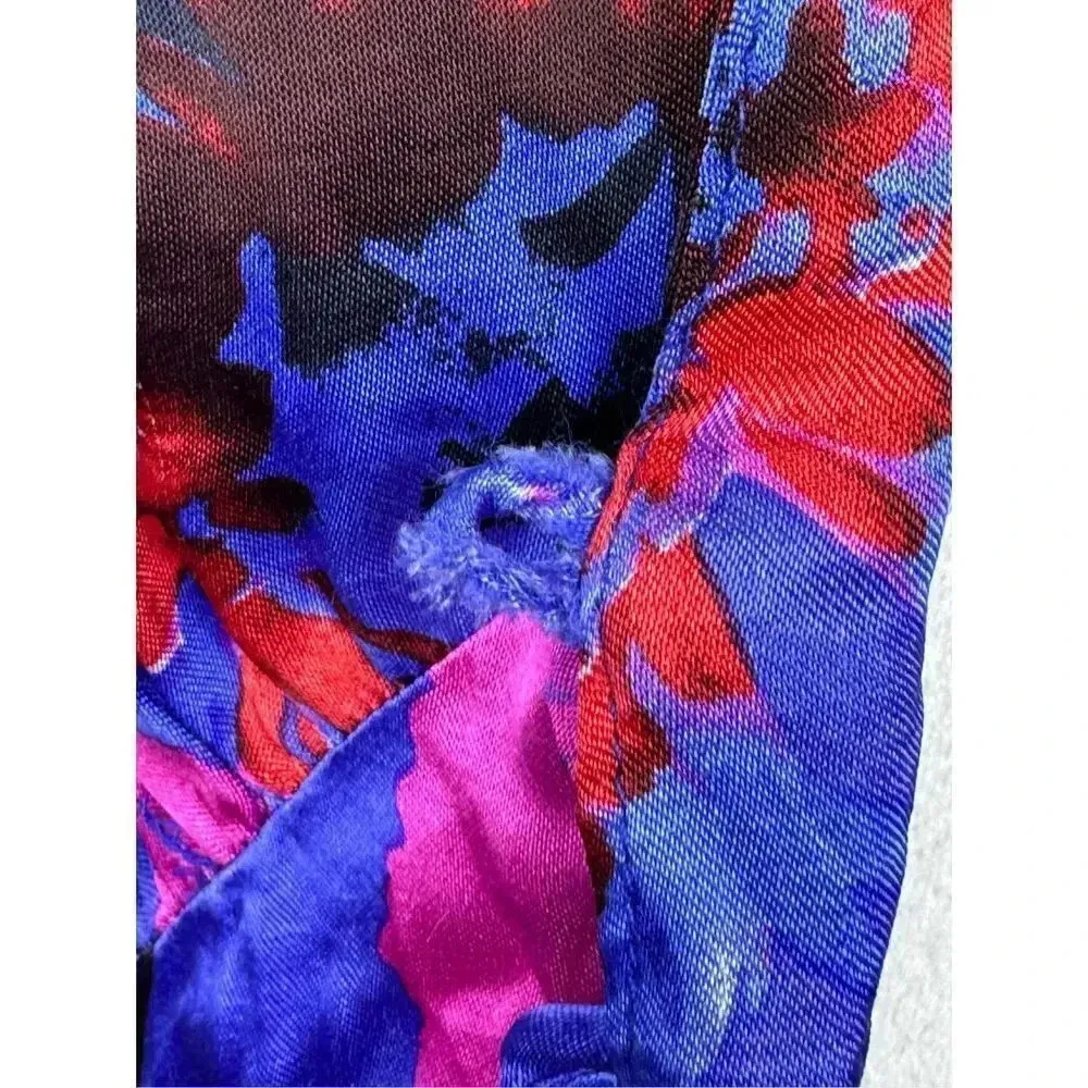 Topshop Floral V-Neck A-Line Satin Mini Dress US 4 Blue Pink Short Sleeve Button - Image 10