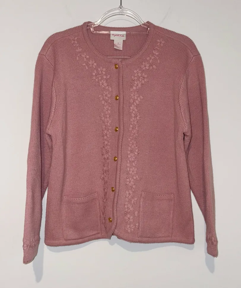 Crystal Kole Vintage Floral Embroidered Patch Pocket Button Sweater Gold Pink M Size M - Image 1