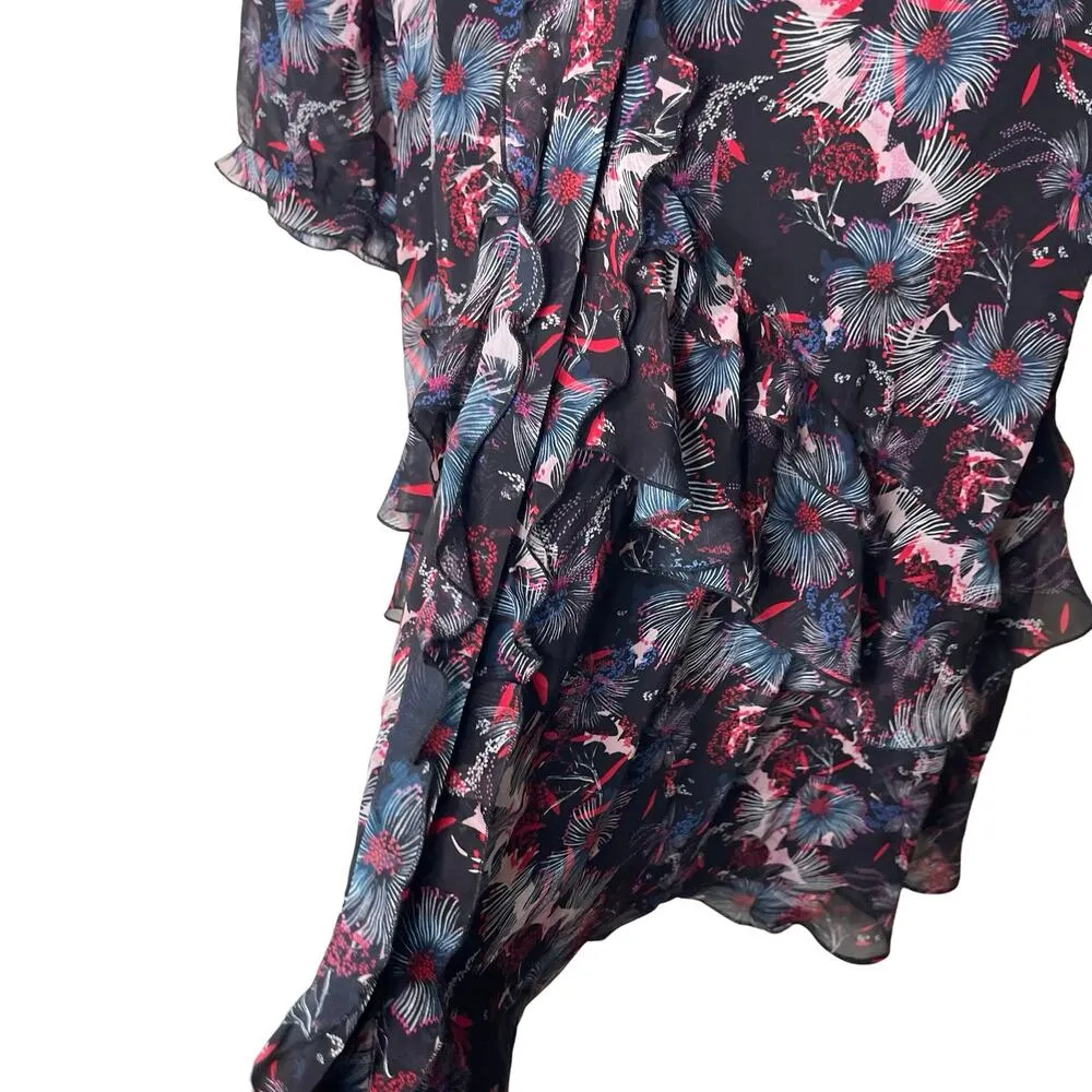 Saloni Tilly Ruffle Silk Floral Button Down Mini Dress sz 12 Blue - Image 4