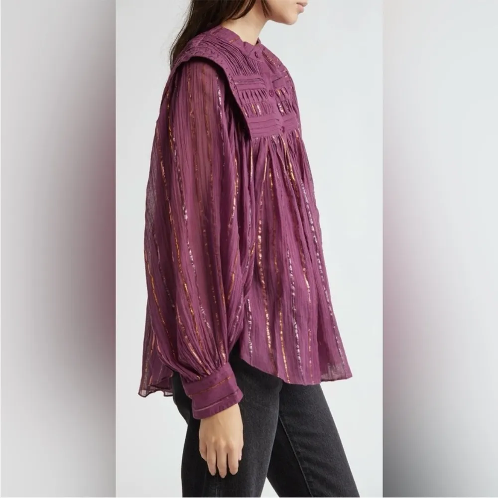 FARM Rio Long Sleeve Pleated Yoke Burgundy Button Down Blouse Size XXS NWT - Image 8