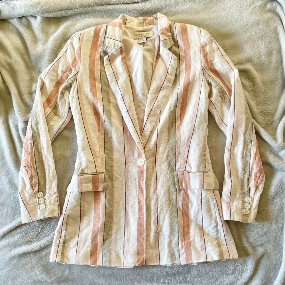 Rachel Zoe Striped Linen Oversized Summer Coastal Resort Blazer Jacket - Image 7