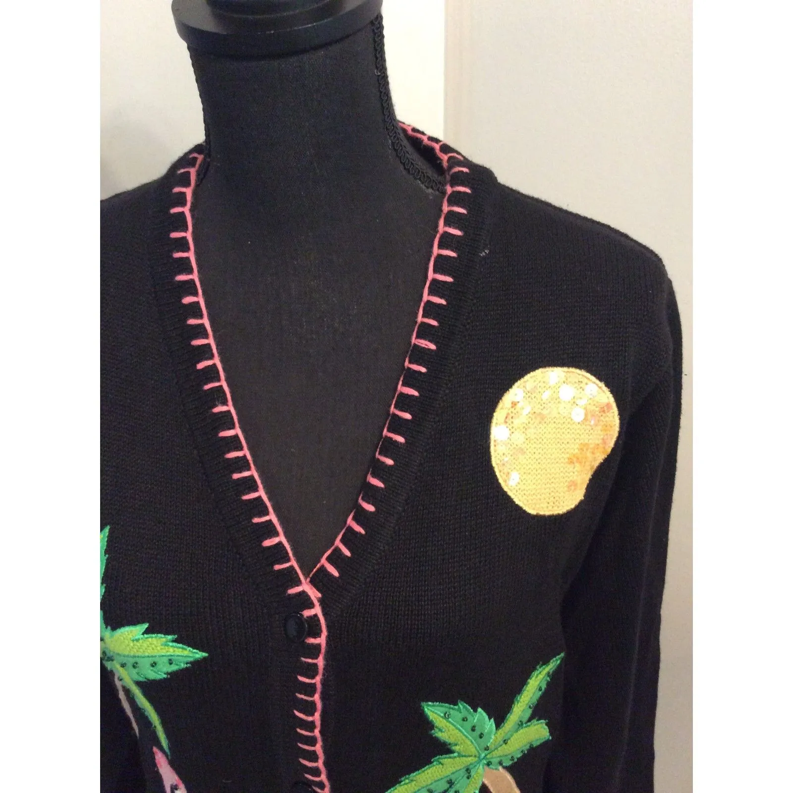 The Quacker Factory 90's Black Cardigan Flamingos Palm Trees Medium M - Image 6