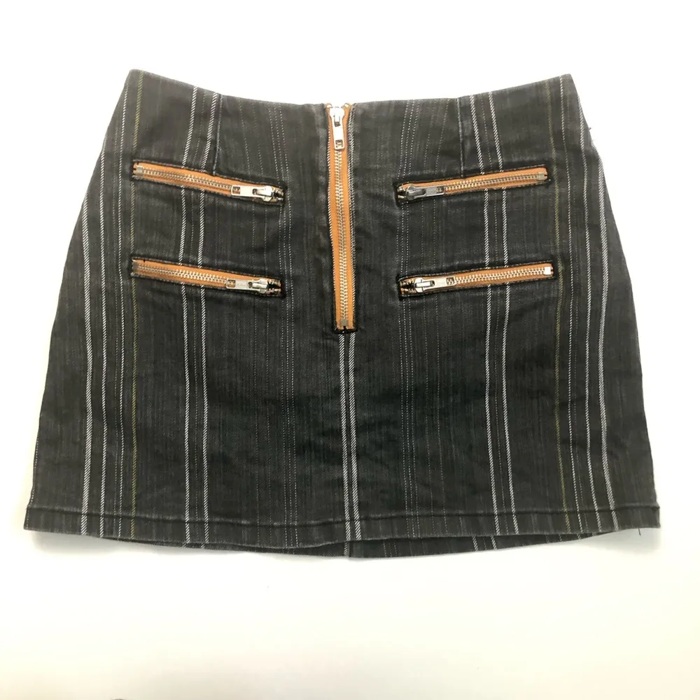 Skirt Denim Striped Zippers Pockets Grey Mustard Yellow Y2K - Image 2