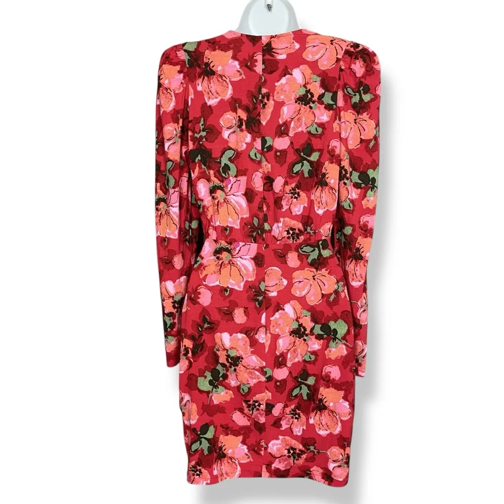 H&M Deep V Dress Floral Long Sleeves Sz XS Mini Red Pink Puff Shoulders Plunging - Image 4