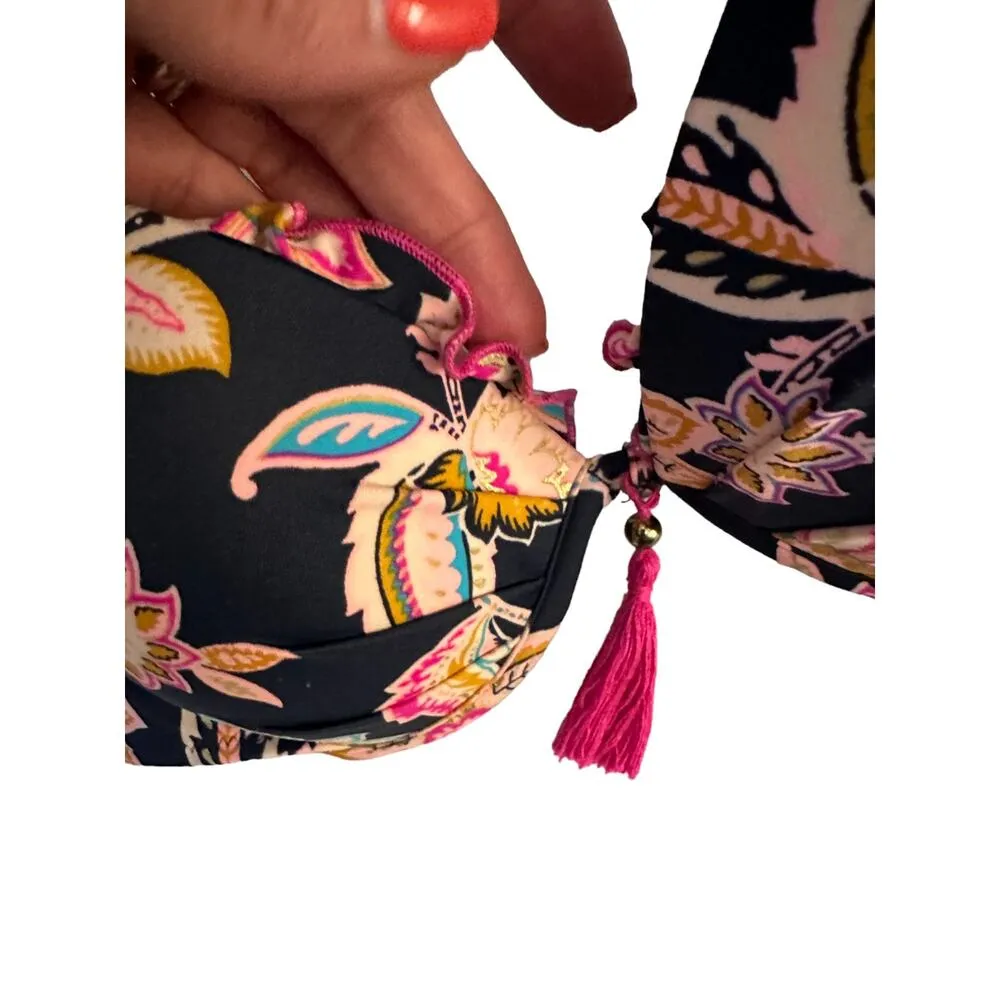 Shade & Shore Navy Blue & Pink Print Push-Up Halter Bikini Top Women's 34C - Image 8