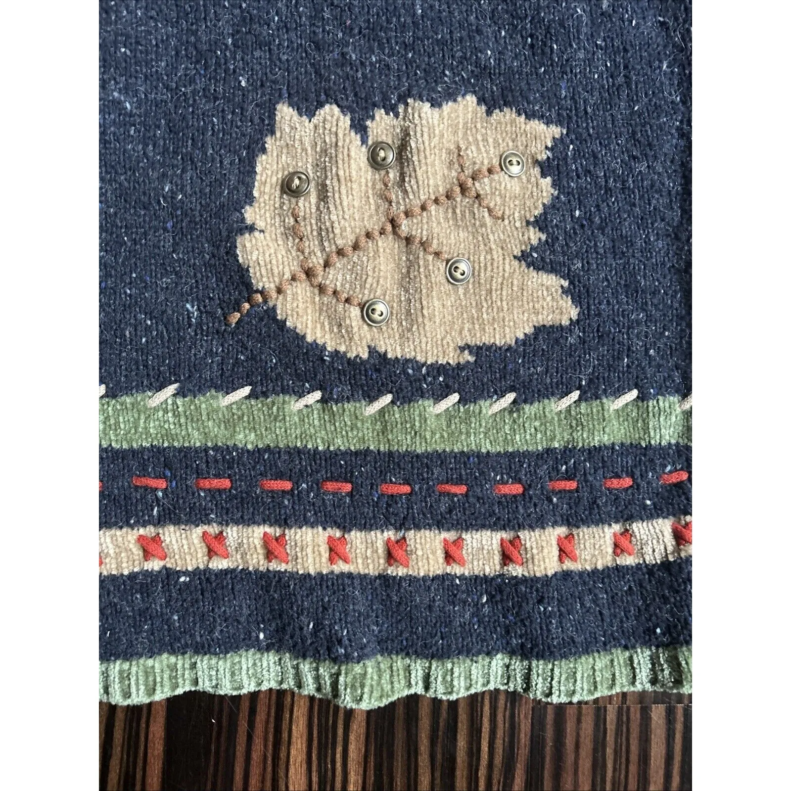 Vintage Ms.Lee Women’s Fall Sweater 2X Knit Blue Leaves with Buttons Grandma - Image 3