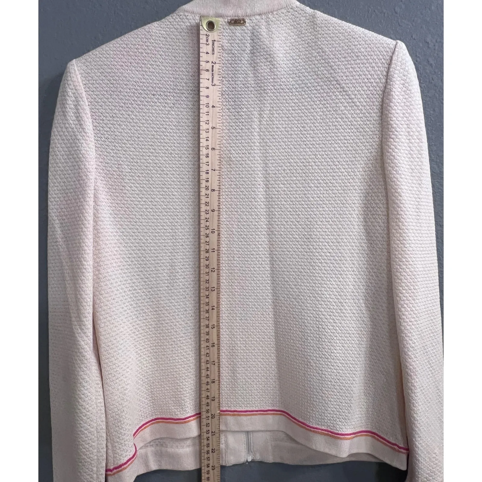 St John Sport Wool Blend Cream Pink Trim Knit Zip Up Jacket Cardigan Small‎ VTG Tan - Image 8