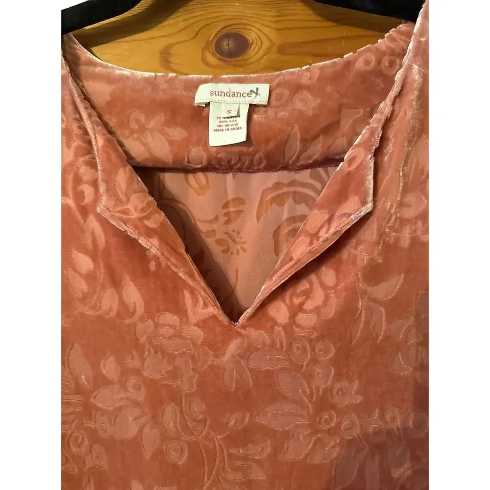 Sundance Velvet pink floral burnout S boho tunic 3/4 sleeve silk blend - Image 4
