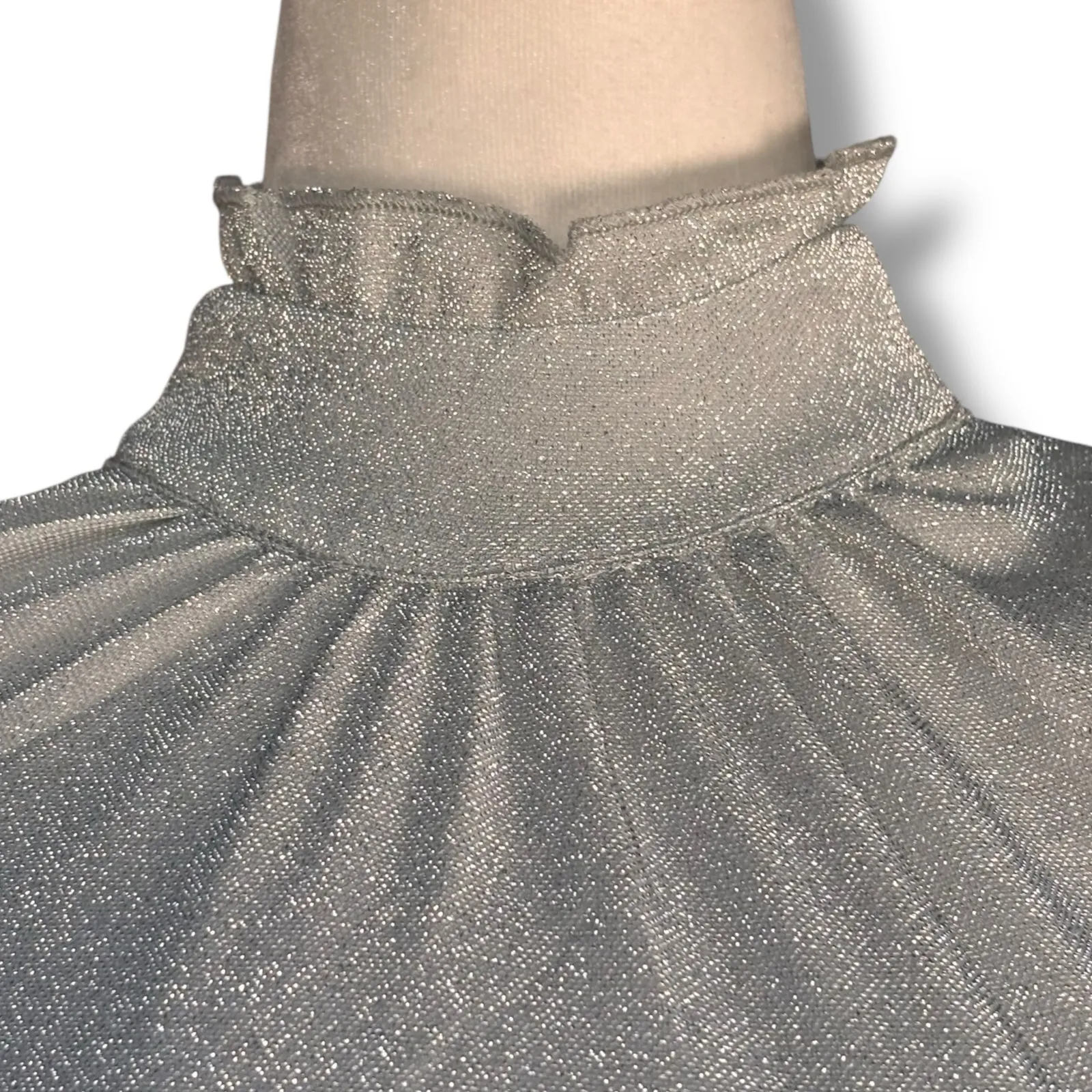 Unique Vintage  Silver Metallic Mock Turtleneck Shimmer Sheer Blouse Festive - Image 3