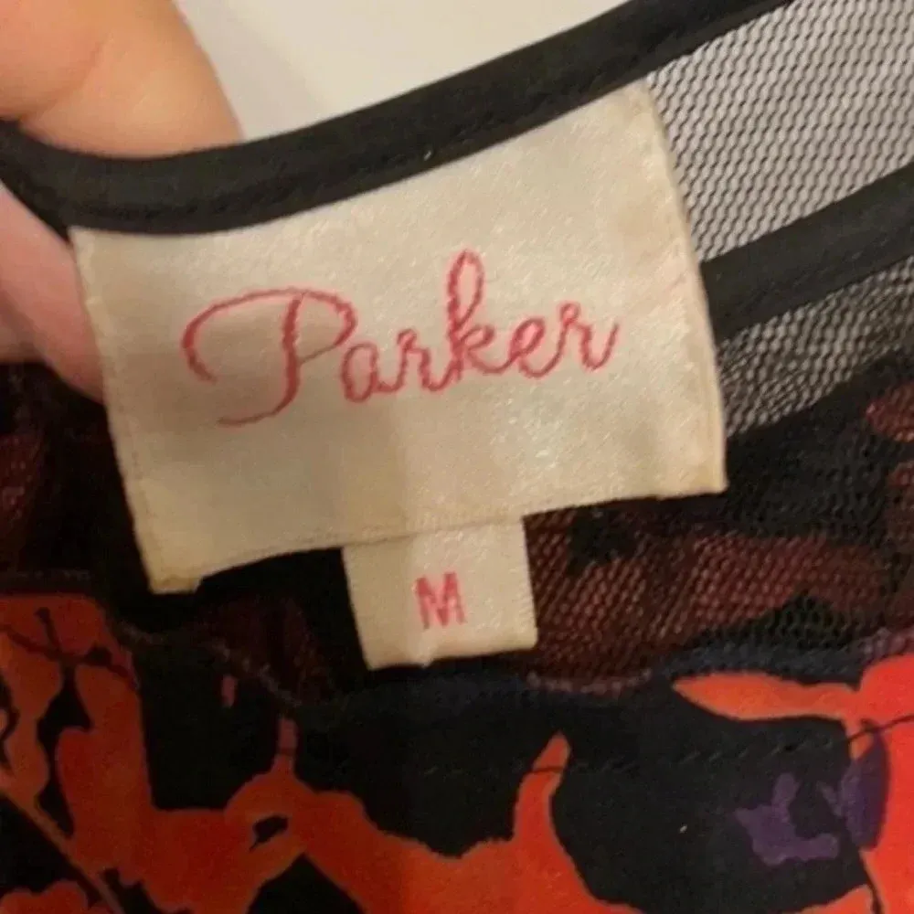 Parker Orange & Black Petal Bloom Mesh Sleeveless Fit & Flare Silk Dress Size M - Image 9