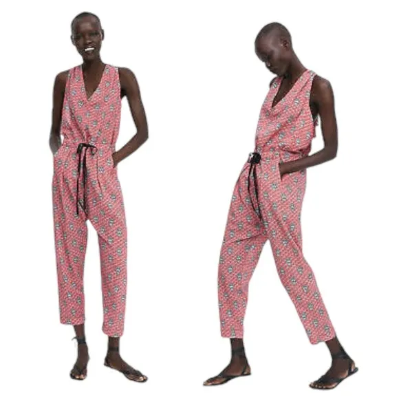 Zara Floral Print Relaxed Elastic Waistline Jumpsuit in Red/Blue - Image 2