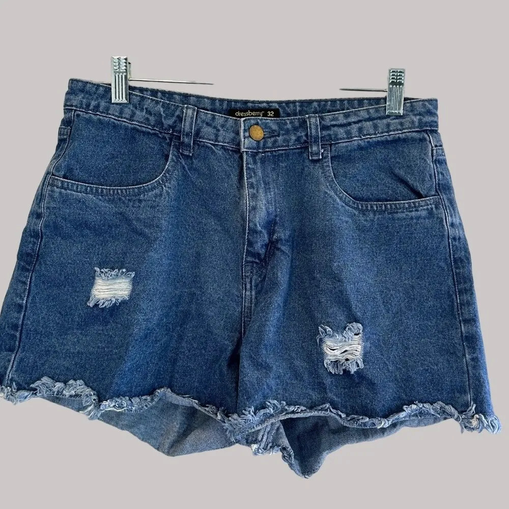 Dressberry Distressed Women's Cotton Denim Shorts 32 W/ Frayed Hem & Pockets Blue - Image 2