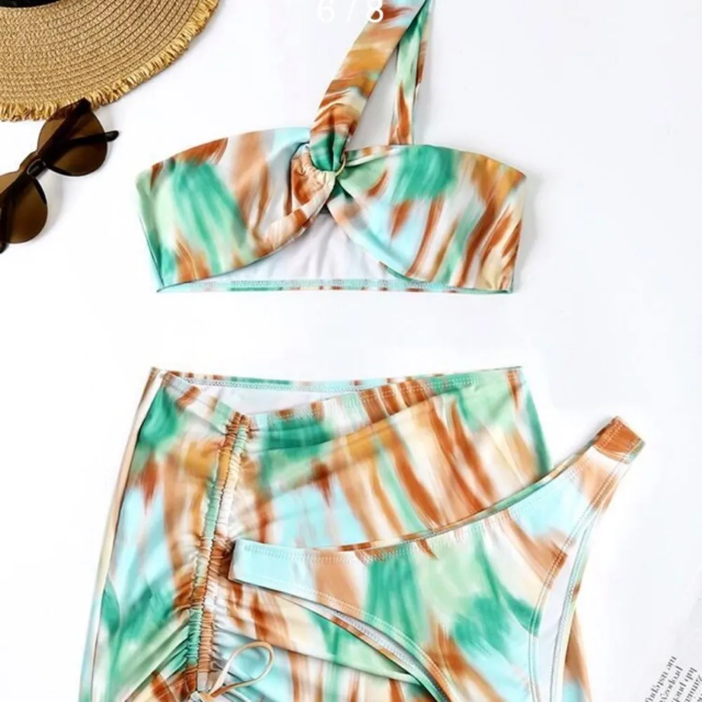 Shein 3 Piece Bikini Swimsuit 1 Strap Top w/ Ring Thong Bottom Side Tie Skirt S - Image 6