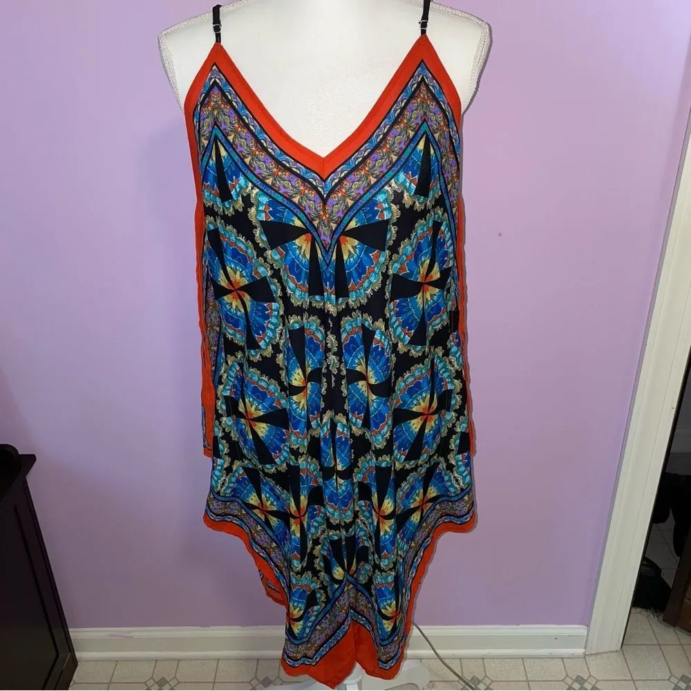 Meraki Boho Mini Dress Chiffon Handkerchief V Neck Psychedelic Print Size Large Black - Image 2