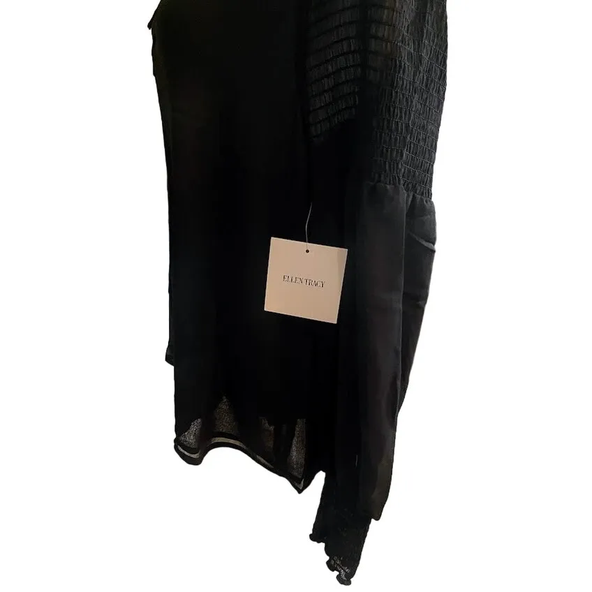 Ellen Tracy Black Raglan Sleeve Smocked Trim Blouse Size Medium NWT - Image 7