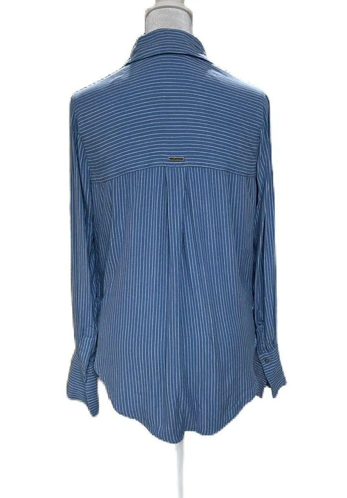 Blue & White Striped Long Sleeve Button Down Women's Shirt Size Small - Image 4