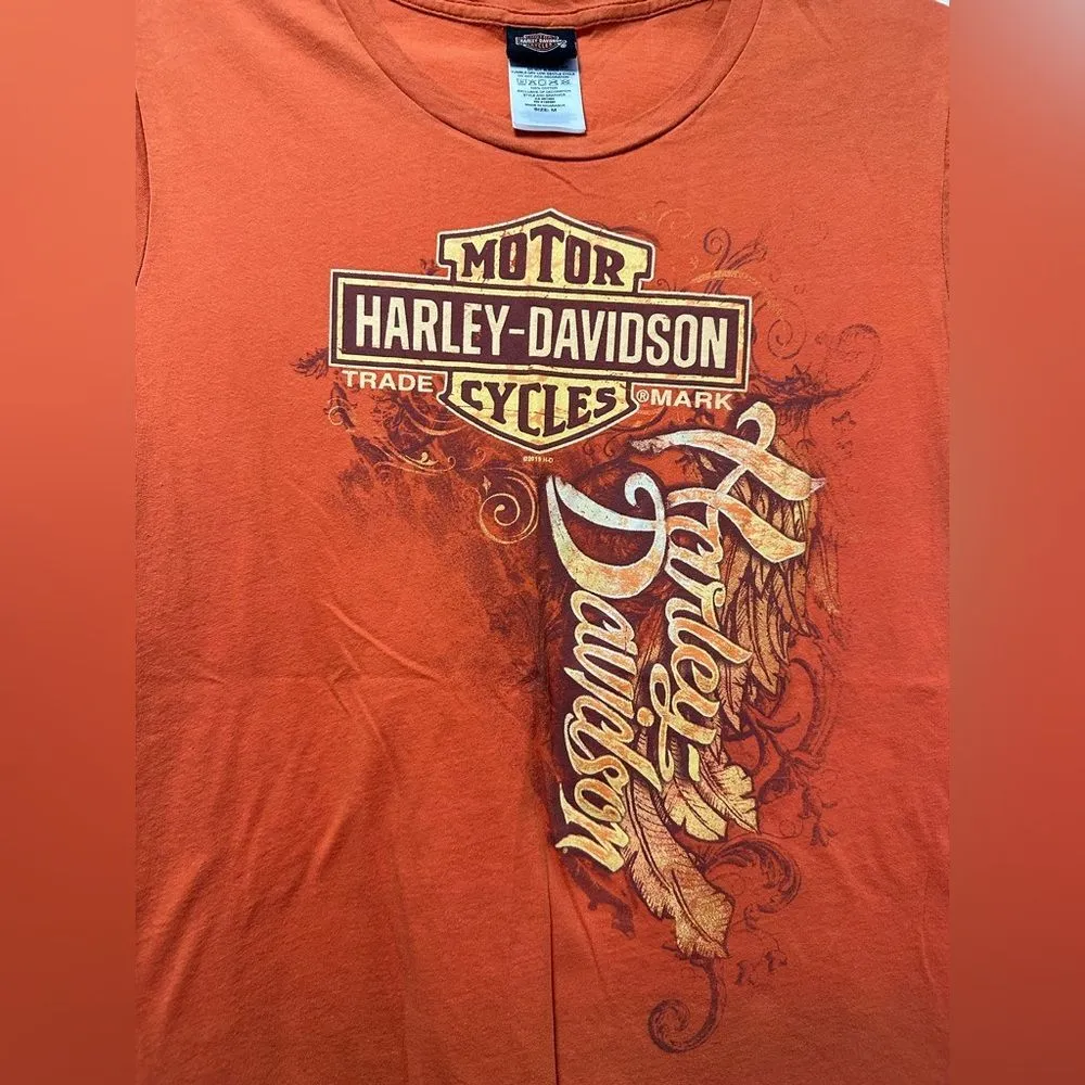 Harley Davidson Tee Shirt. Motorcycle. Orange. Black. Shield. (342) Orange Size M - Image 3
