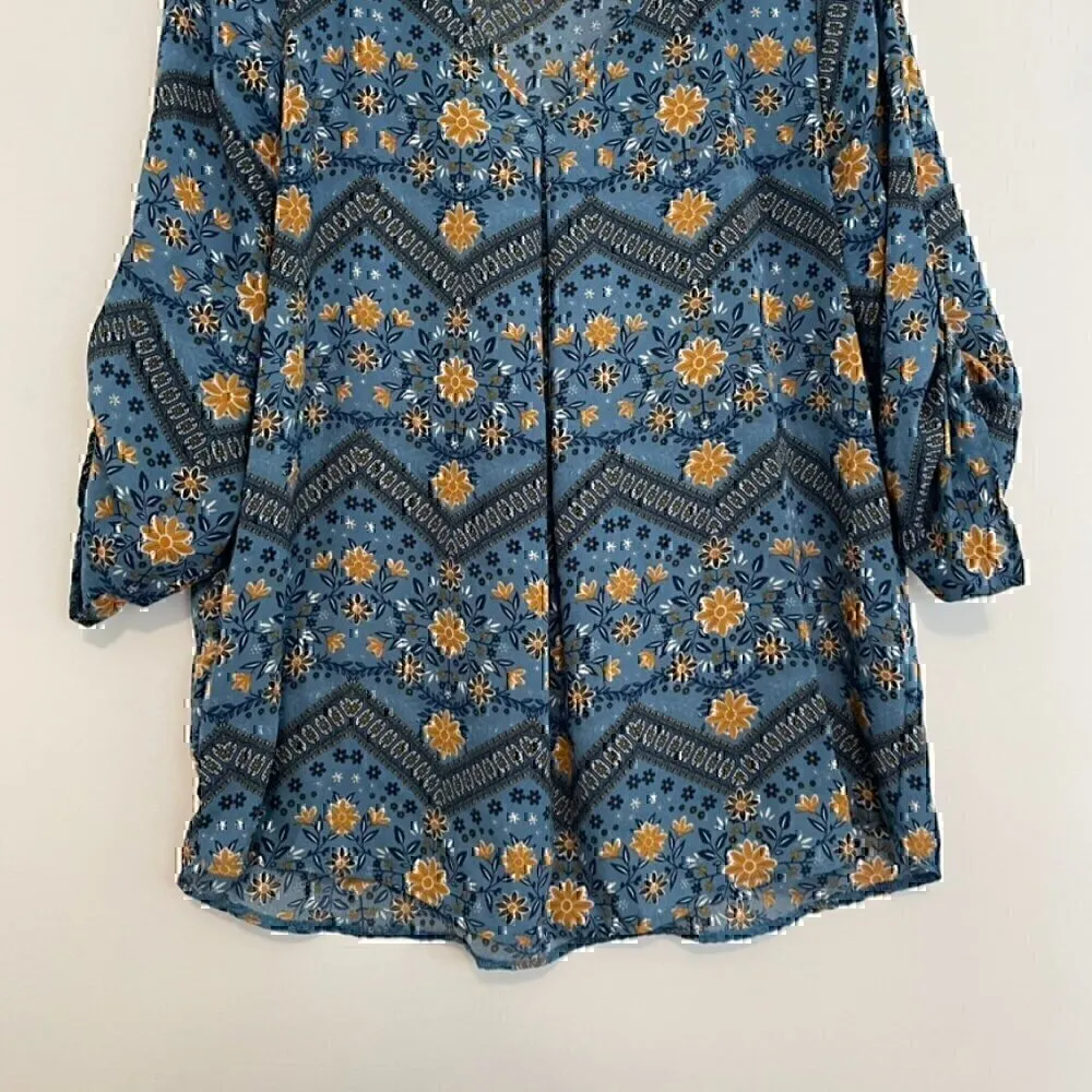 PINK ROSE Blue Mustard Navy Floral Chevron 3/4 Sleeve Roll Tab Sleeve Blouse Top - Image 3
