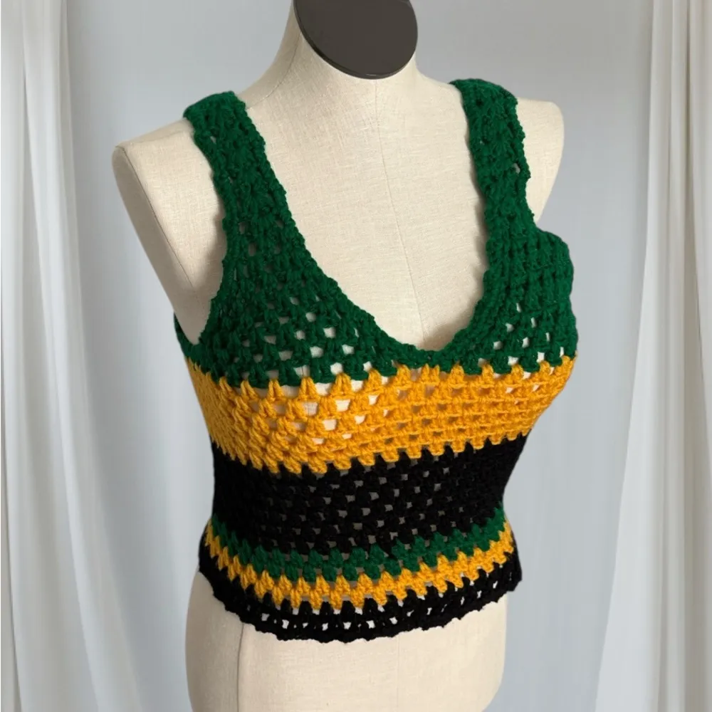 Handcrafted Unbranded Green Gold Black Strip Crop Crochet Tank Top New XL - Image 2