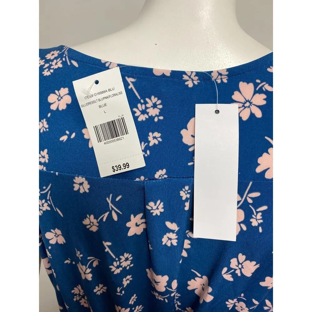 NWT Gilli Women's V Neck Short Sleeve Blue Pink Floral Dress Sz L Cinched Waist Size L - Image 7
