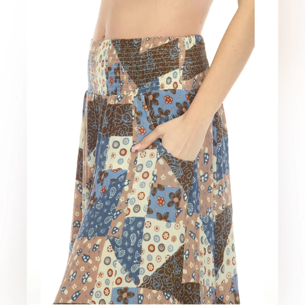 NWT Mushroom Quilt Print Wide Leg Pants boho cottagecore whimsical M/L Brown Size L - Image 4