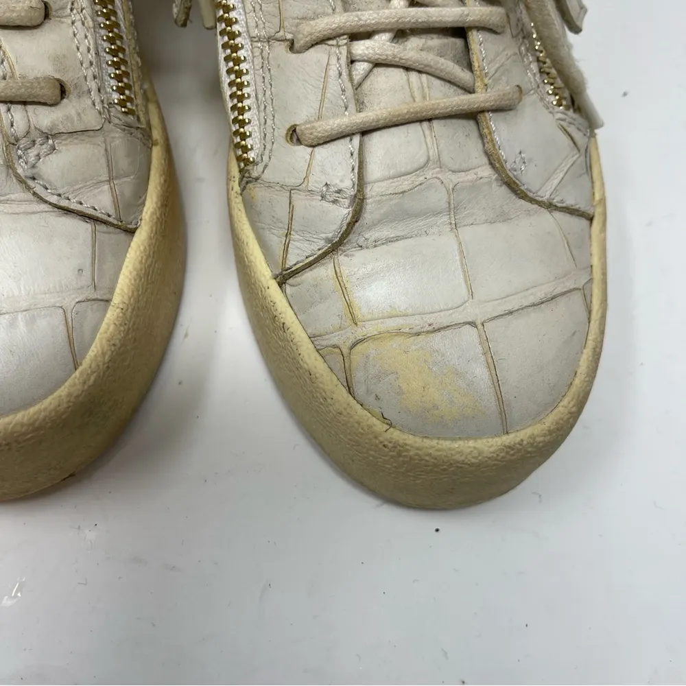 Giuseppe Zanotti Sz 5 EUR 36 Croc Embossed Leather High Top Sneakers Cream Gold - Image 4