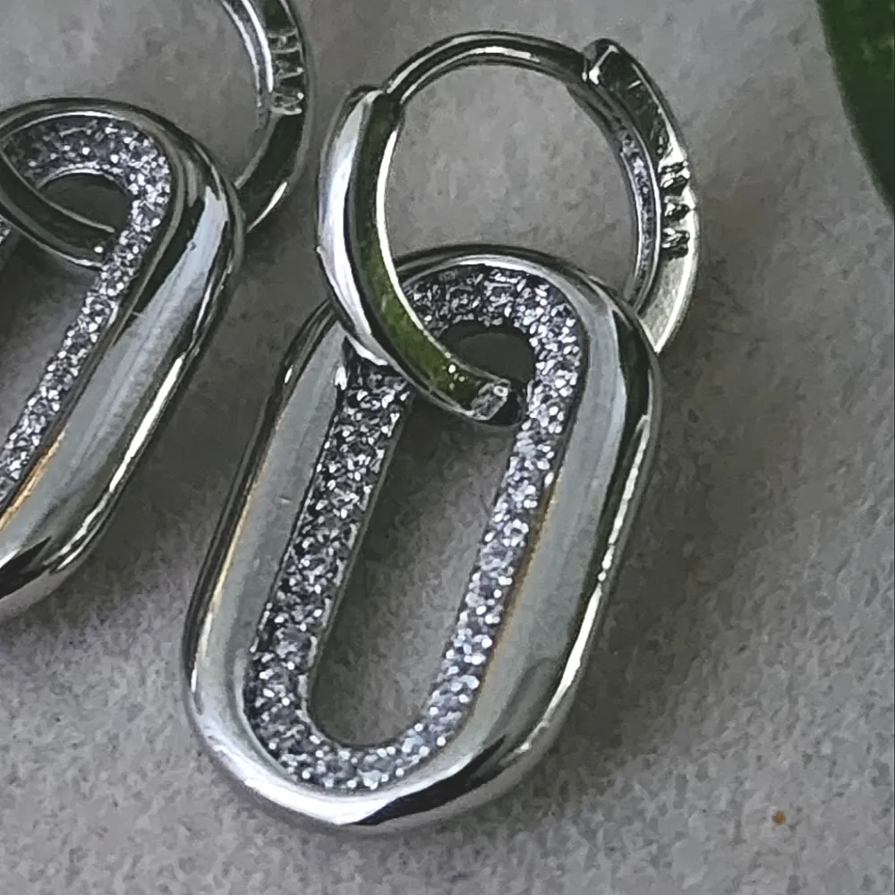 Silver White Gold Filled Link Huggie Hoop Earrings - Image 2