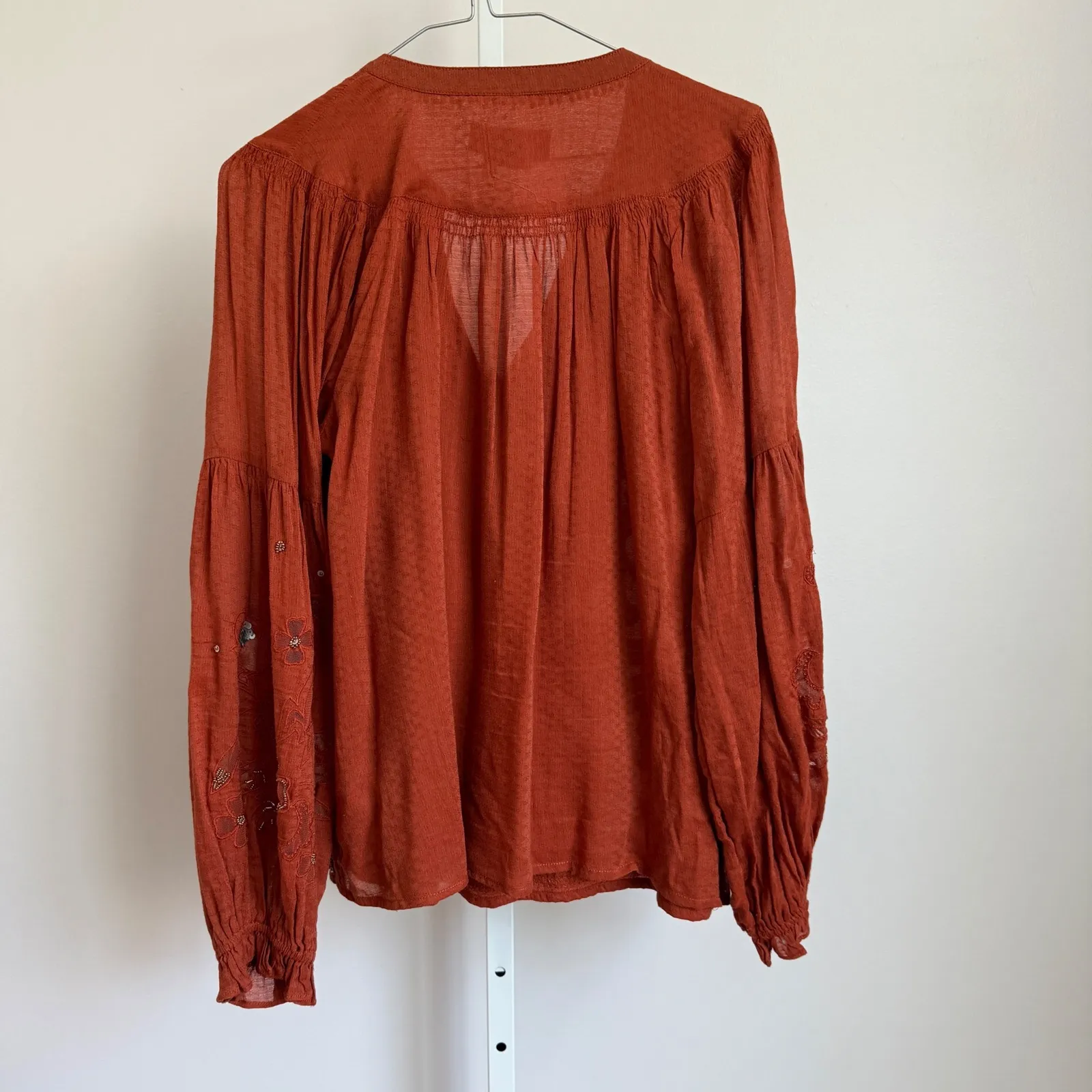 Anthropologie Blouse Top Small Embroidered Sequin Boho Bohemian Button Up‎ Rust - Image 7