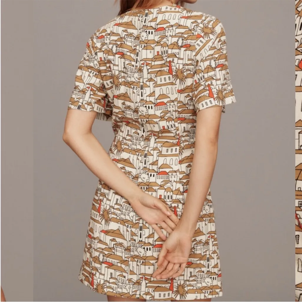 EUC Anthropologie Porridge Mediterranean City Scene Linen Blend Dress Medium - Image 2