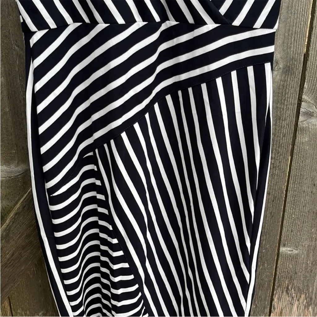 NWT Joseph Ribkoff Striped Faux Wrap Step Hem Dress Dark Blue White Size 12 - Image 7