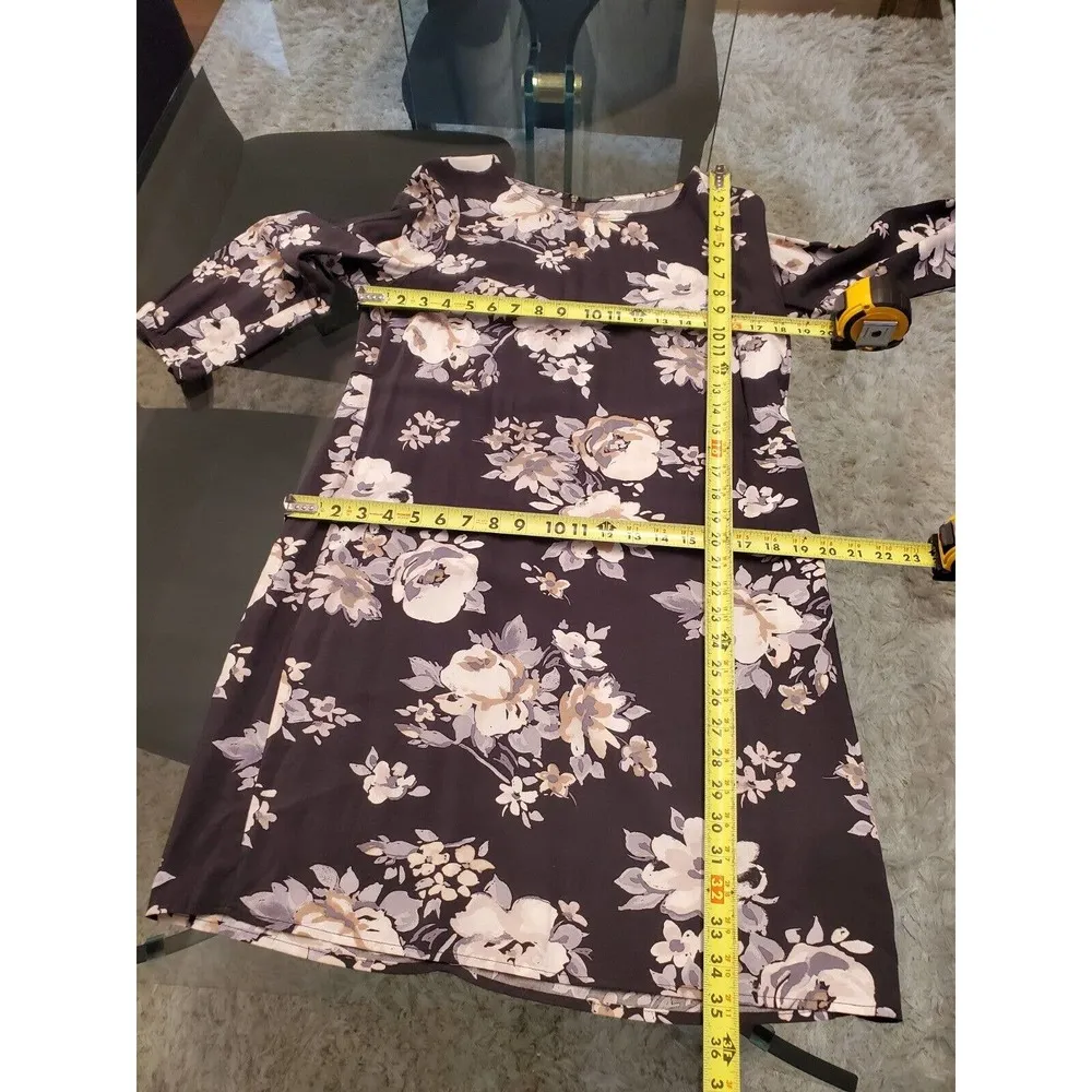 Old Navy Women's Black Floral Rayon Round Neck Long Sleeve Knee Length Dress M - Image 11