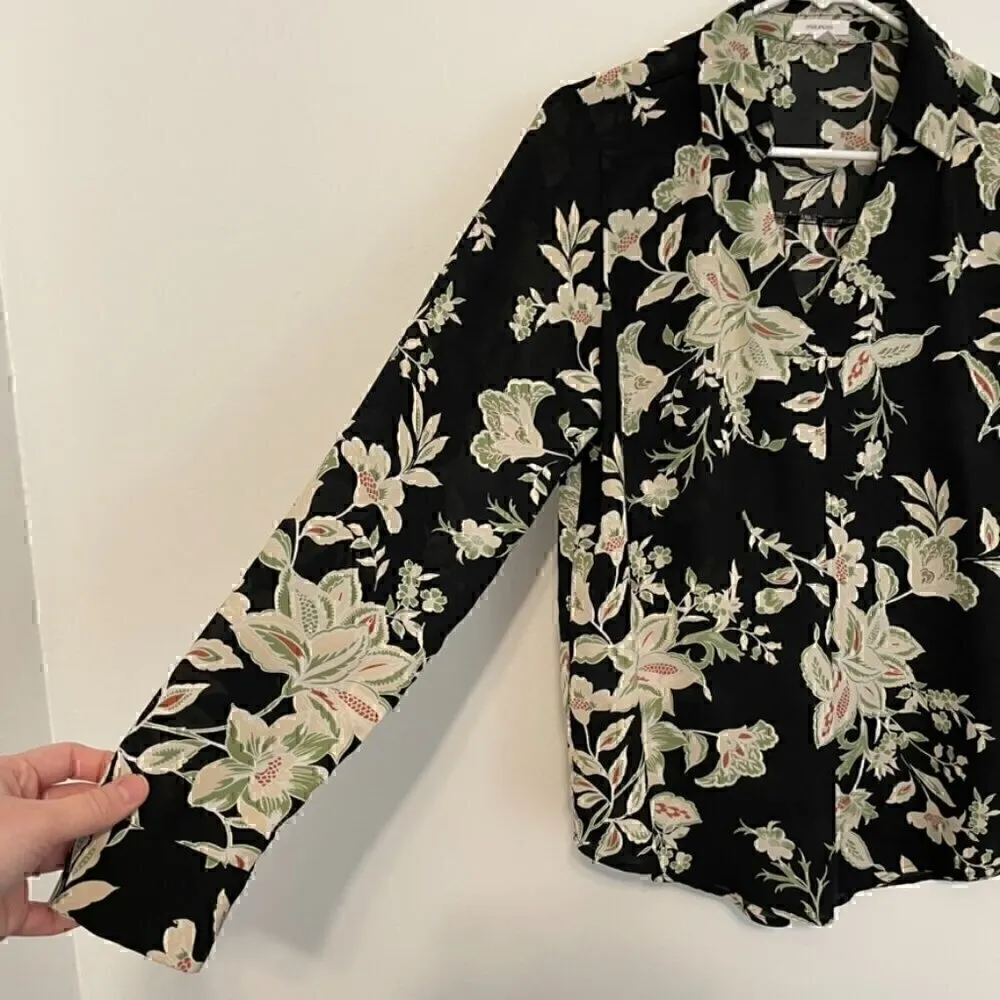 MAURICES Atwood Pleated Floral Blouse Black Cream Beige Long Sleeve Work Office - Image 6