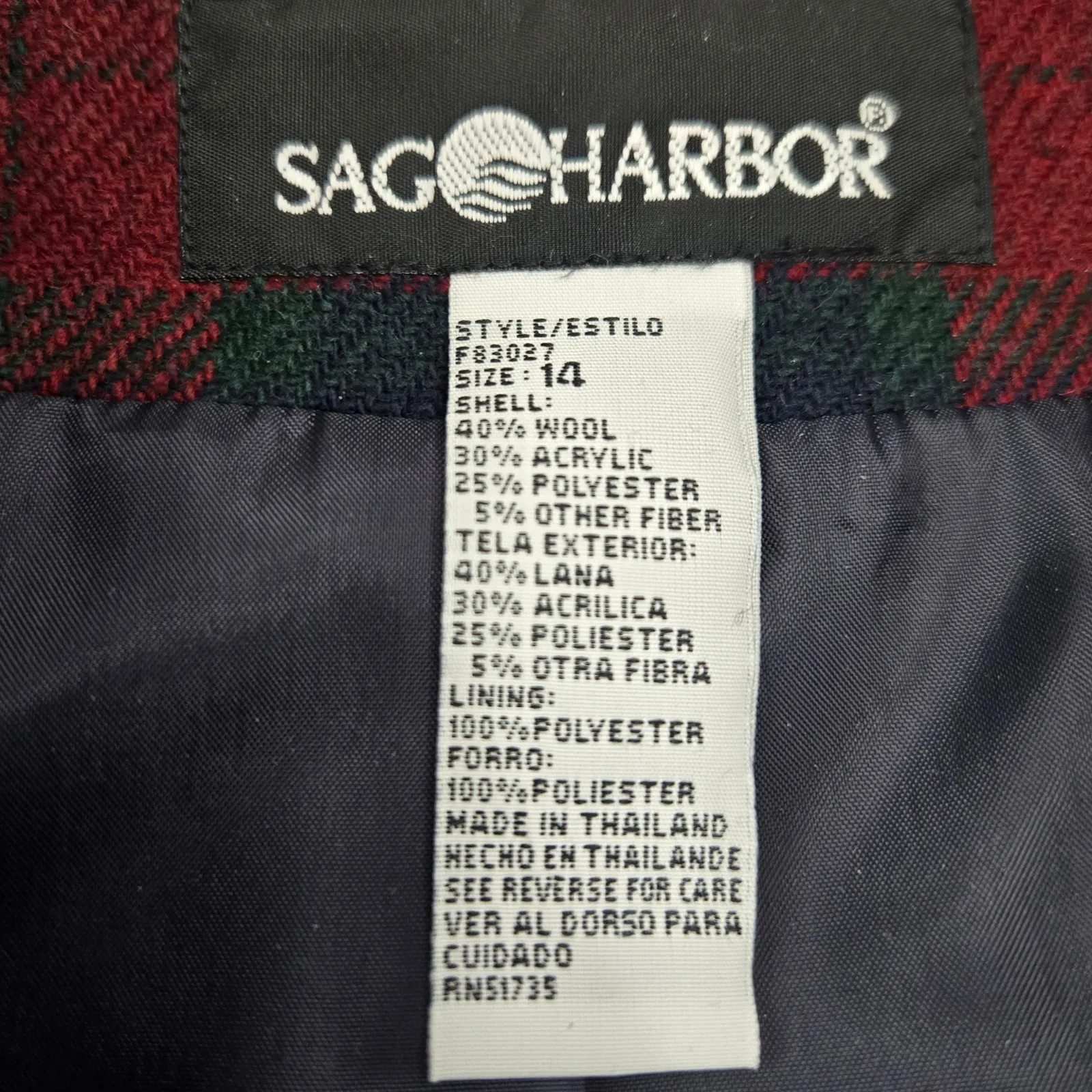 Vintage Red Green Tartan Velvet Collar Rose Broach Wool Blend Blazer Size 14 - Image 7