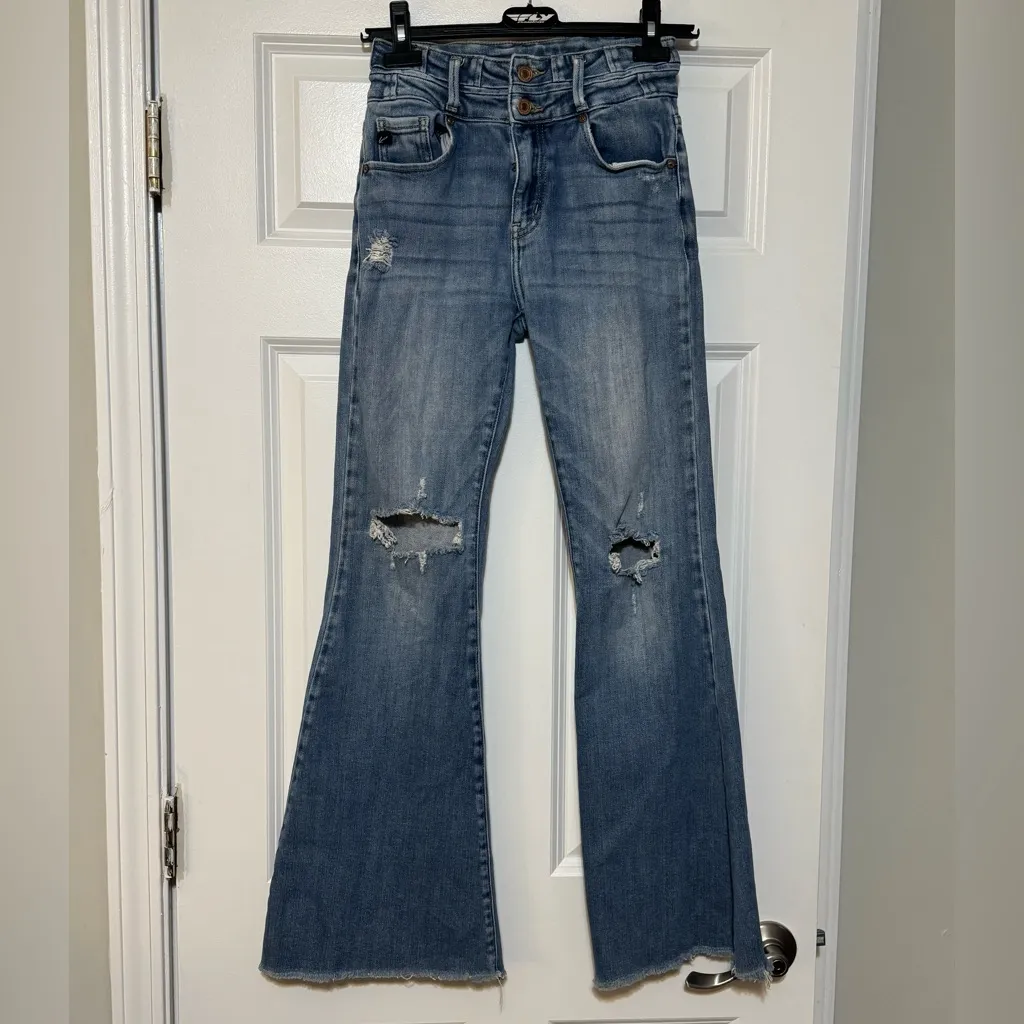 Women’s KanCan Chloe High Rise Distressed Raw Hem Super Flare Jeans Size 5/26 Blue - Image 3
