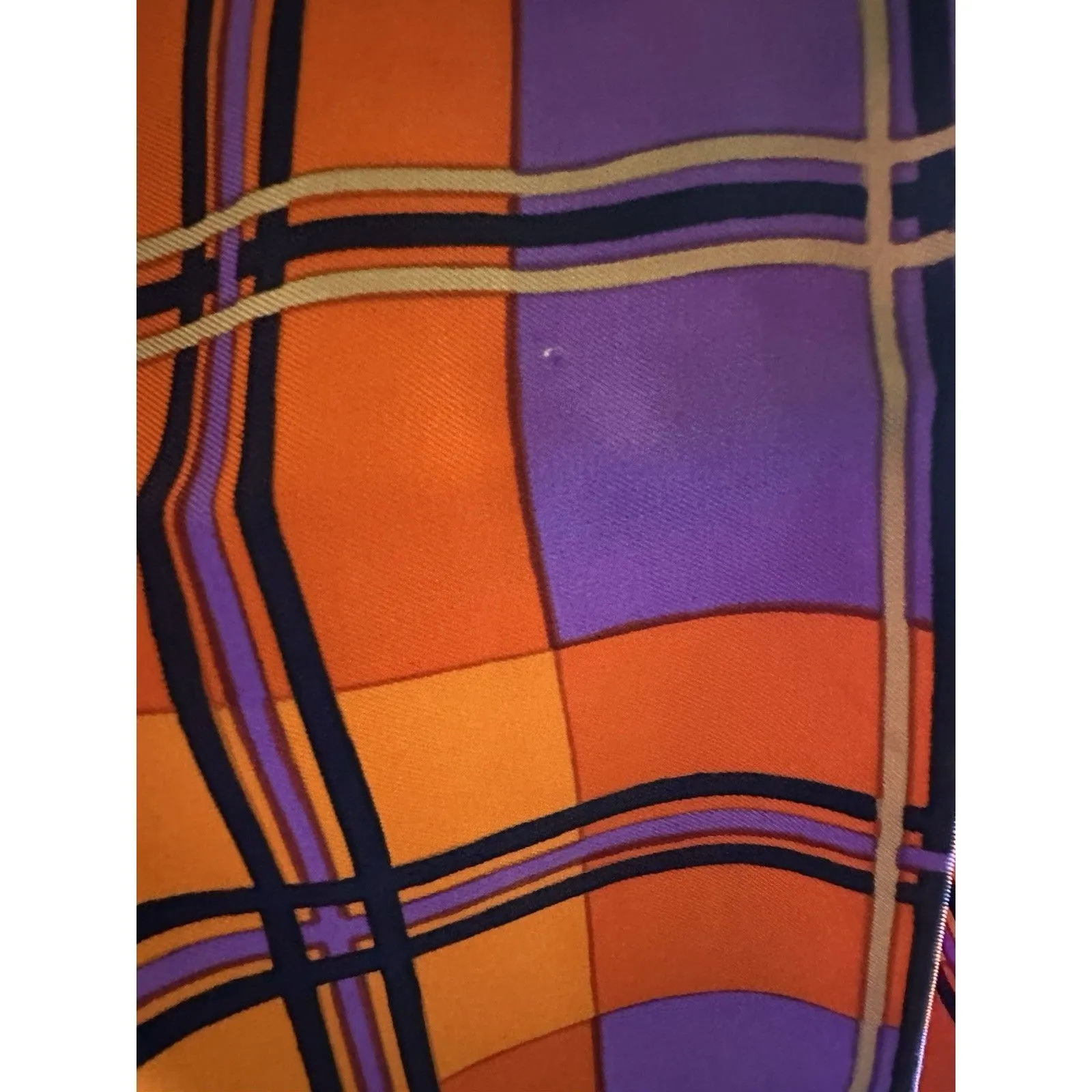 Yves Saint Laurent Red Orange Purple Silk Twill Check Long Scarf 32”x33” Vintage - Image 5