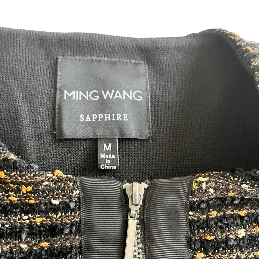 Ming Wang Sapphire Black Orange Striped Tweed Zip Up Evening Jacket Size Medium - Image 3