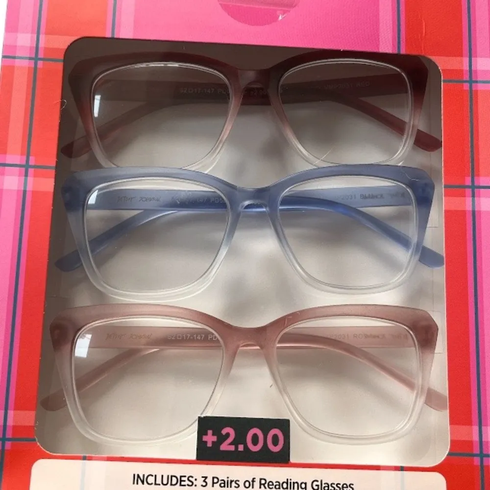 Betsey Johnson  3 Pack Reading Glasses Clear Red Blue Pink Strength +2.00 - Image 3