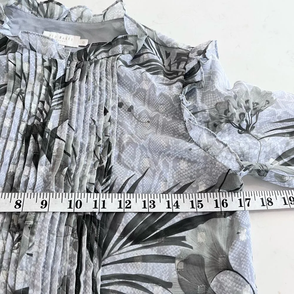 Ted Baker Tibbine Highland Pleated Floral Print Gray Long Sleeve Top Size 0/US 2 - Image 8