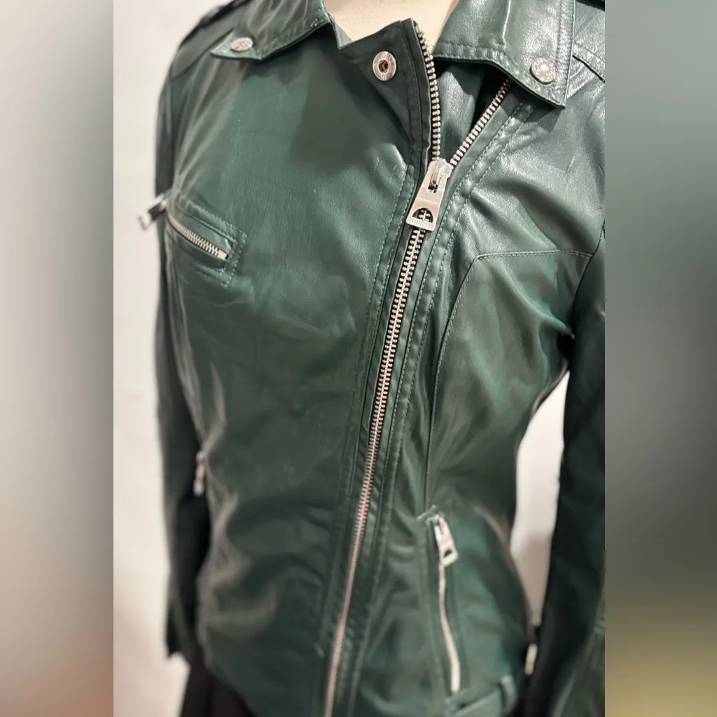 Guess VINTAGE Dark Green Faux Leather Moto Jacket - Image 5