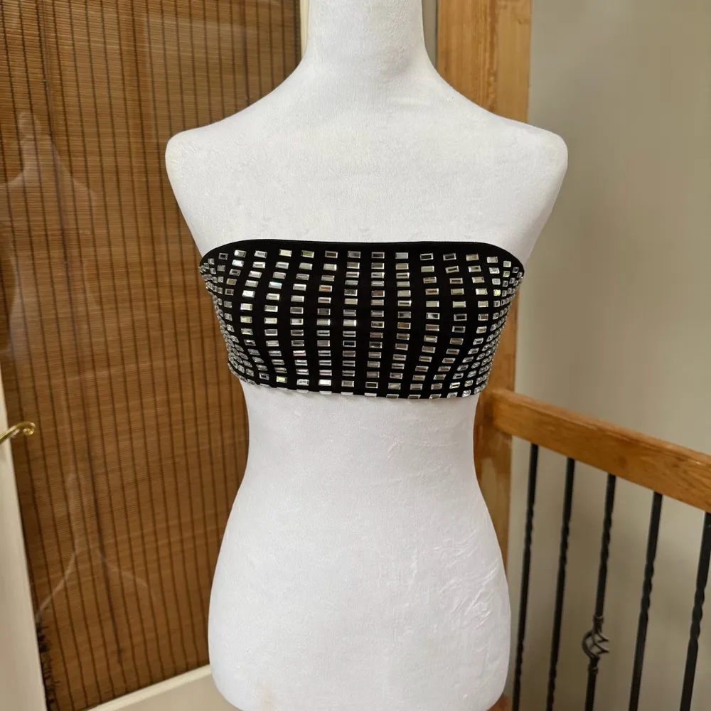 WeWoreWhat black crystal spandex bandeau top cropped strapless party - Image 2